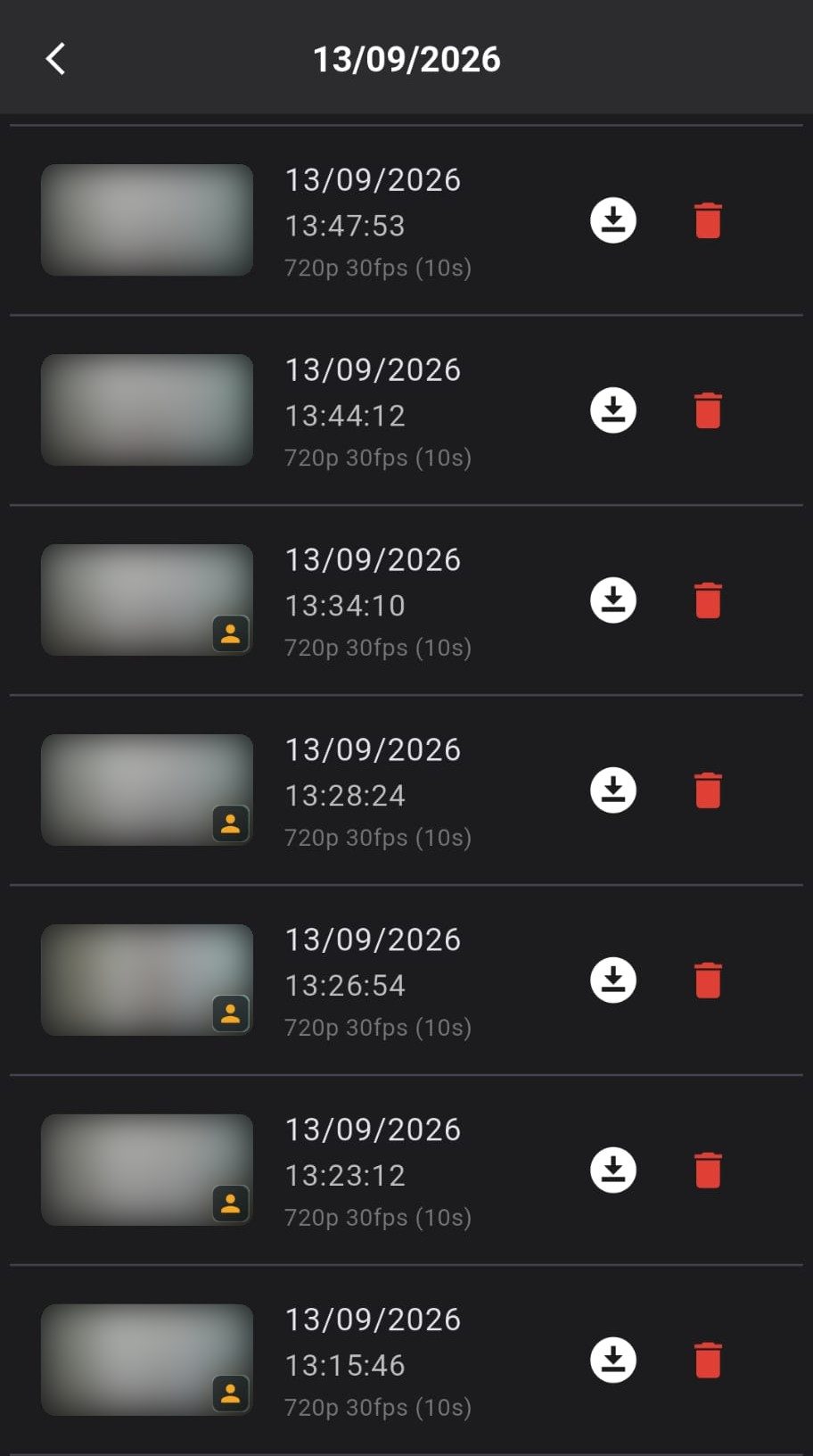 Lista de grabaciones en la app NexLens, con marcadores de persona en las detecciones